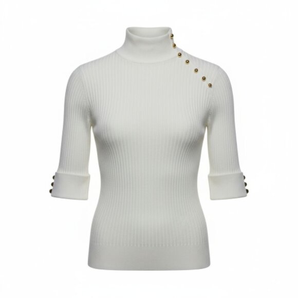 Evie Sweater Womens Large White Ribbed Mock Neck Half Sleeve Stretch Fitted - Picture 1 of 13